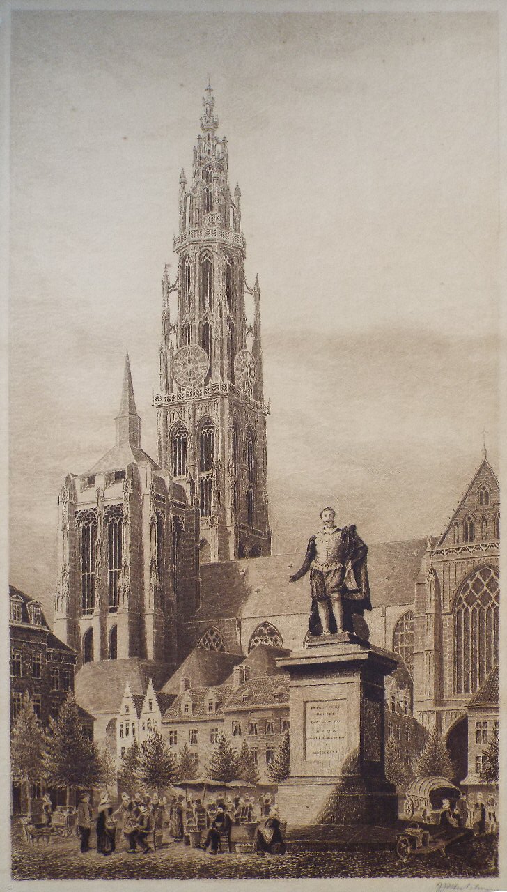 Etching - Antwerp Cathedral & Rubens Statue
